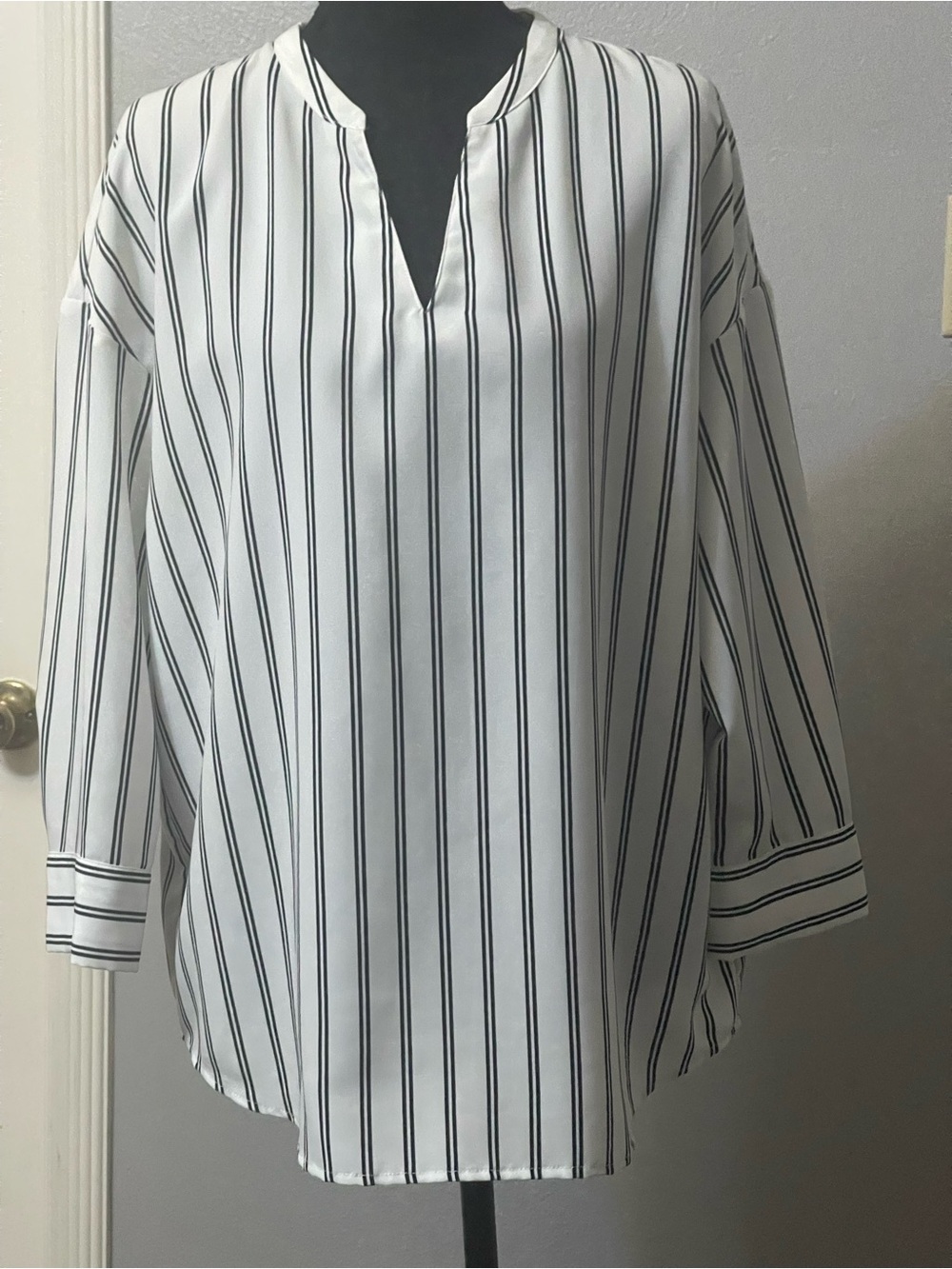 Striped White & Black V-Neck Women’s Blouse